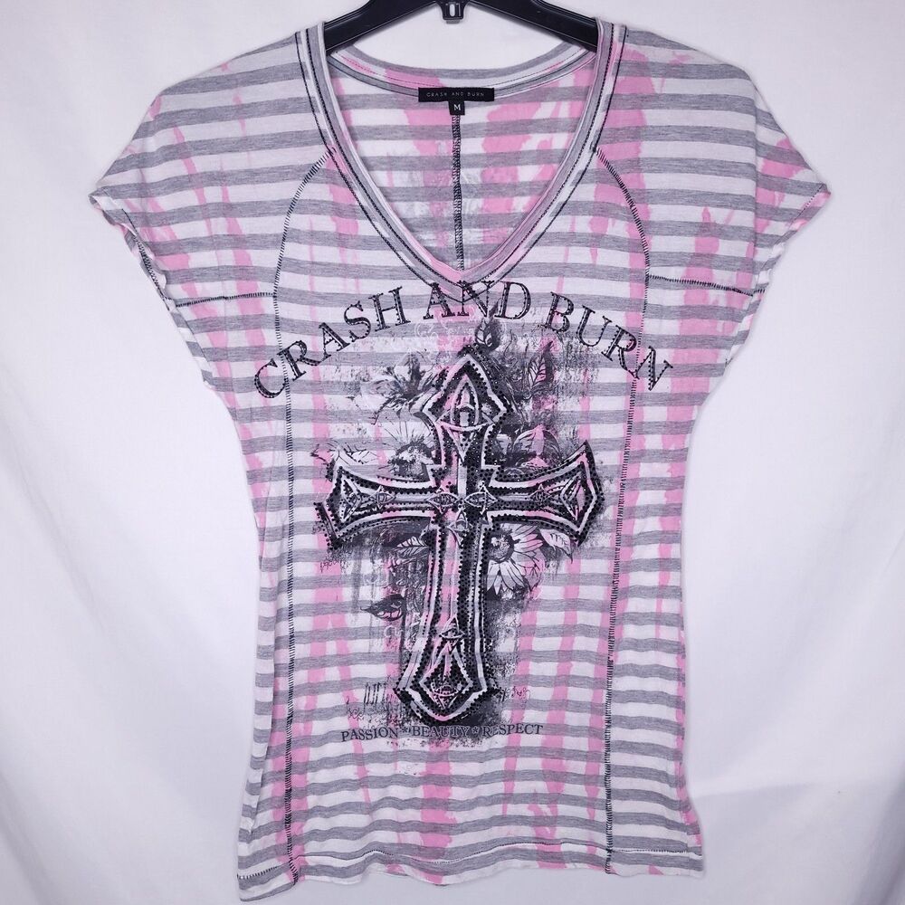 Crash And Burn T Shirt Womens Medium Celtic Cross Striped Pink, White